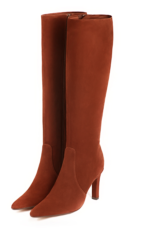 Terracotta orange women's feminine knee-high boots. Tapered toe. High slim heel. Made to measure. Front view - Florence KOOIJMAN